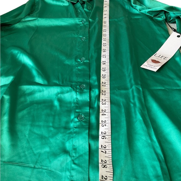L.O.V.E. Green Button Down Blouse Large Satin Love Is For Eternity Feather Trim - Picture 3 of 6